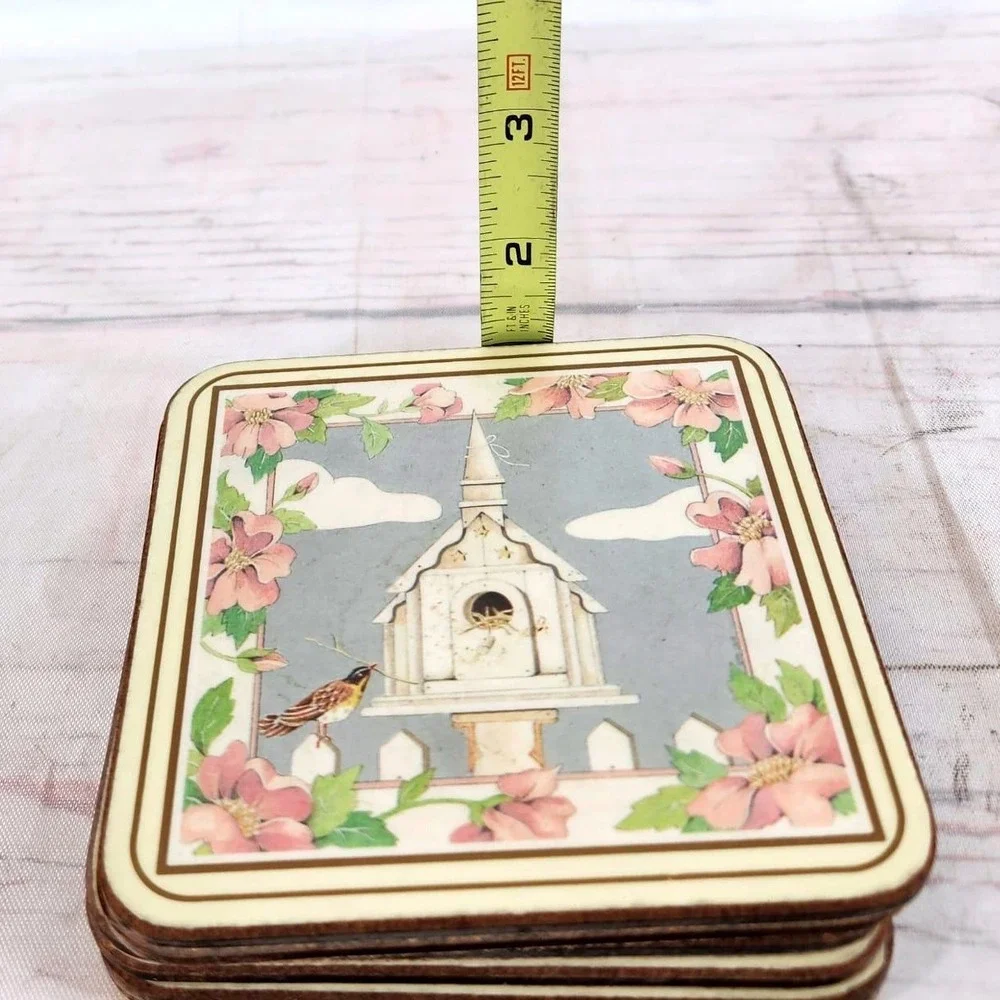 Pimpernel Coasters Birdhouse Floral Cork Backed Set‎ of 6 England 4in
